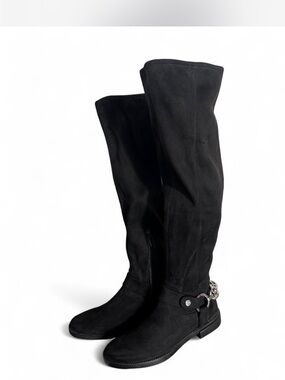 Calvin Klein Black Over-the-Knee Boots with Chain Accent